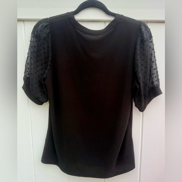 CeCe Black Short Sleeve Top W/See Through Polka Dot Pattern On Sleeves, Small - Picture 3 of 5